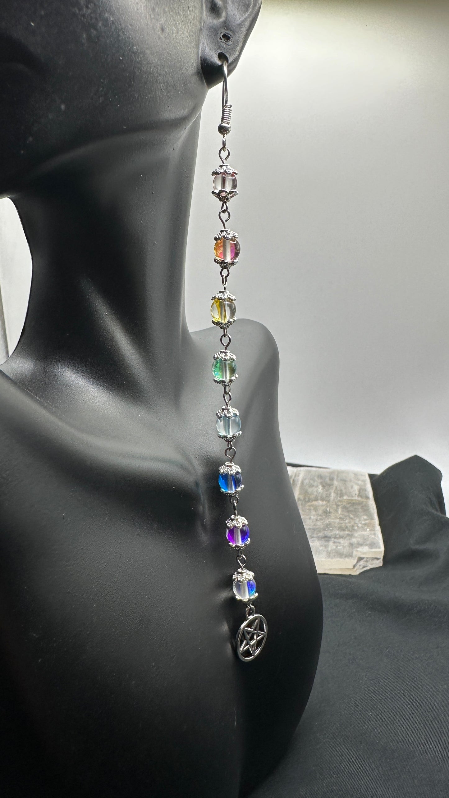 Rainbow Aura Quartz-Aura Cleanse, Emotional Healing & Grounding Long Hook Earrings (Choose Star)
